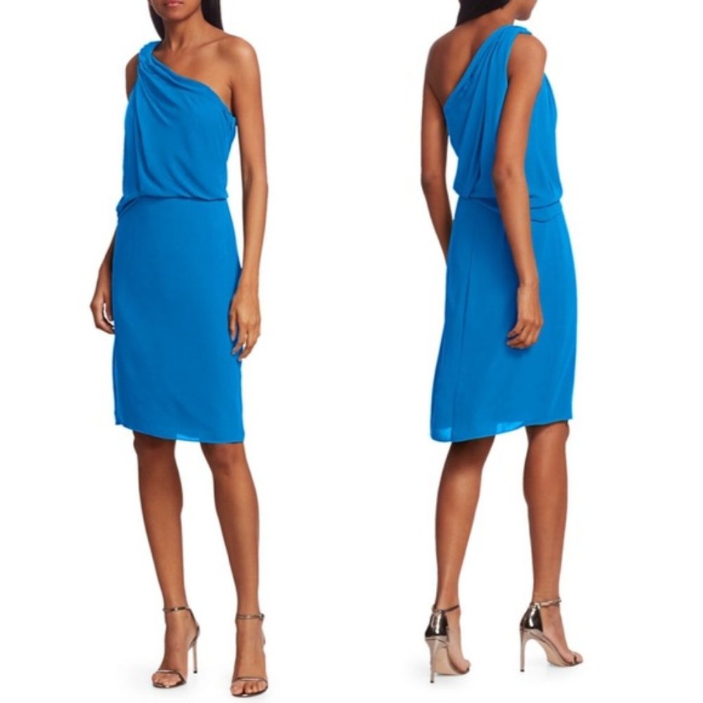NWT* Halston‎ One Shoulder Braided Strap Summer Chic Mini Dress in Wave Blue